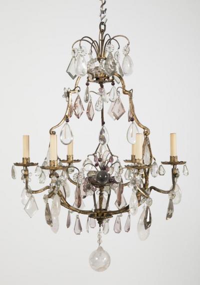 French 3 Double Light Gilded Rock Crystal Chandelier