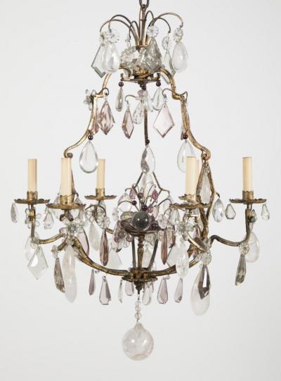 French 3 Double Light Gilded Rock Crystal Chandelier