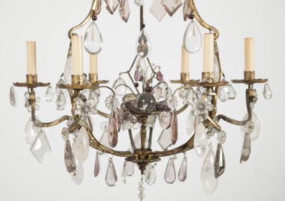 French 3 Double Light Gilded Rock Crystal Chandelier