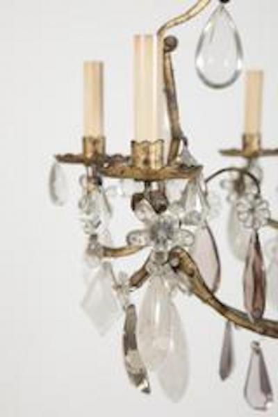 French 3 Double Light Gilded Rock Crystal Chandelier