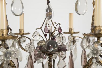French 3 Double Light Gilded Rock Crystal Chandelier