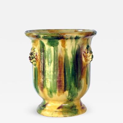 French Anduze Style Yellow Green and Brown Drip Glazed Garden Pot