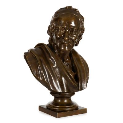 French Antique Bronze Sculpture Bust of Voltaire after Jean Antoine Houdon