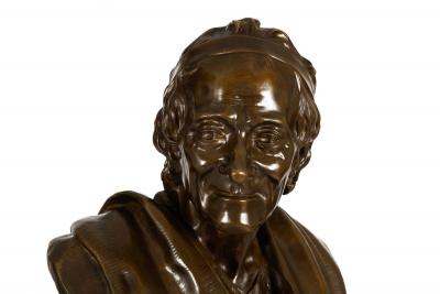 French Antique Bronze Sculpture Bust of Voltaire after Jean Antoine Houdon