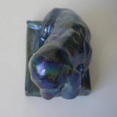 French Antique Pottery Art Nouveau Lustre Glaze Blue Green Dog Figure Sculpture