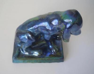 French Antique Pottery Art Nouveau Lustre Glaze Blue Green Dog Figure Sculpture
