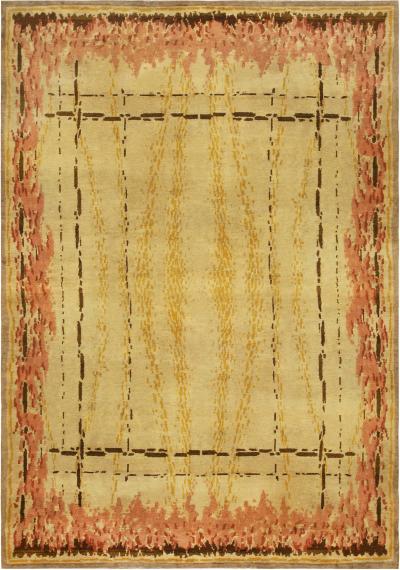 French Art Deco Amber Chocolate Coral and Red Handmade Wool Rug