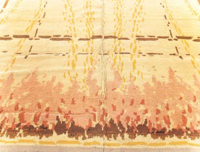 French Art Deco Amber Chocolate Coral and Red Handmade Wool Rug