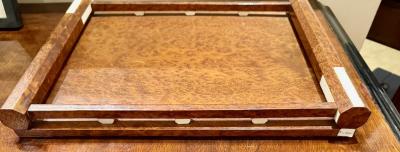 French Art Deco Amboyna Burl Wood Tray with Ivoroid Accents c 1930s