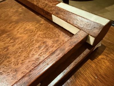 French Art Deco Amboyna Burl Wood Tray with Ivoroid Accents c 1930s