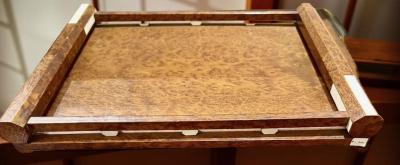 French Art Deco Amboyna Burl Wood Tray with Ivoroid Accents c 1930s