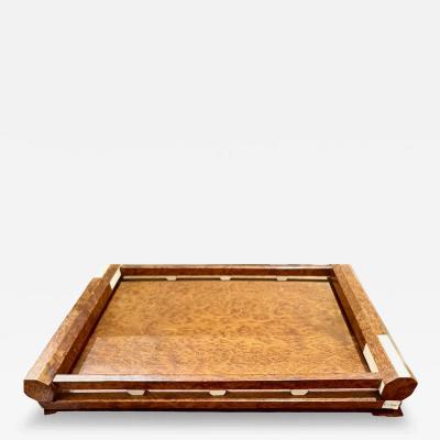 French Art Deco Amboyna Burl Wood Tray with Ivoroid Accents c 1930s