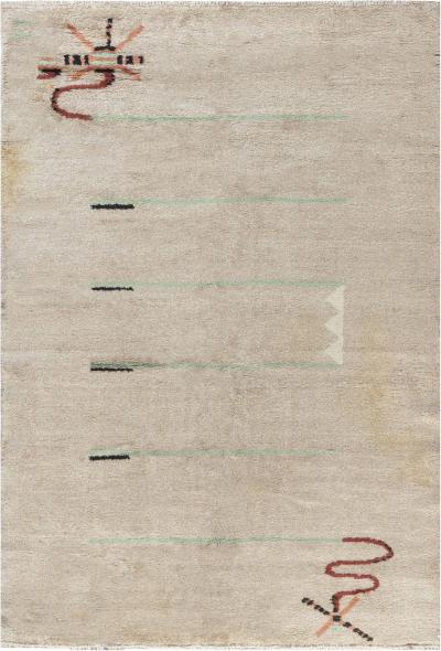 French Art Deco Beige Brown Green and Orange Hand Knotted Wool Rug