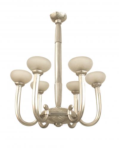 French Art Deco Bronze and Etched Glass Chandelier