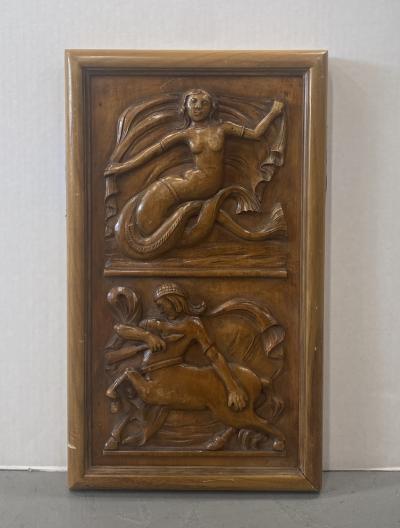 French Art Deco Carved Wood Relief with 2 Panels