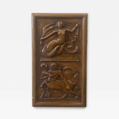 French Art Deco Carved Wood Relief with 2 Panels