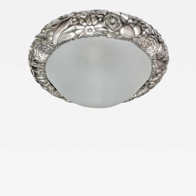 French Art Deco Cast Bronze Flower Sphere Flush Mount