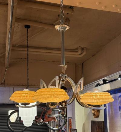 French Art Deco Chandelier with Original Glass Shades