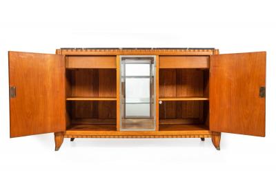 French Art Deco Cherry Nickel and Marble Sideboard Credenza Cabinet