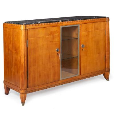 French Art Deco Cherry Nickel and Marble Sideboard Credenza Cabinet