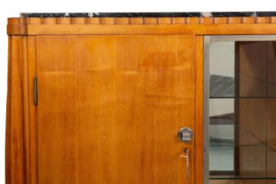 French Art Deco Cherry Nickel and Marble Sideboard Credenza Cabinet