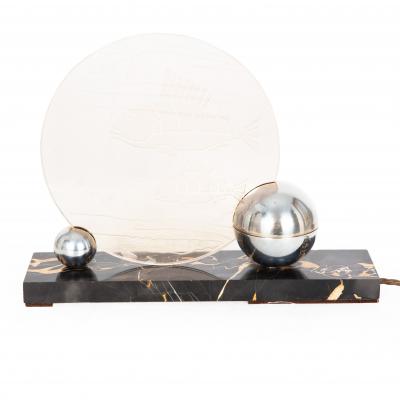 French Art Deco Chrome and Etched Glass Fish Lumiere Table Light
