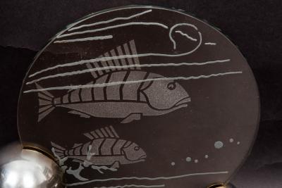 French Art Deco Chrome and Etched Glass Fish Lumiere Table Light