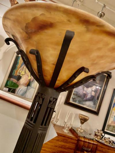 French Art Deco Custom Floor Lamp Iron Alabaster Torchiere