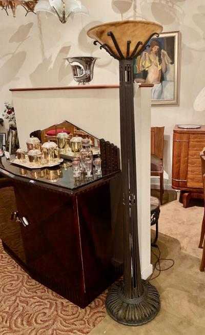 French Art Deco Custom Floor Lamp Iron Alabaster Torchiere