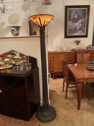 French Art Deco Custom Floor Lamp Iron Alabaster Torchiere