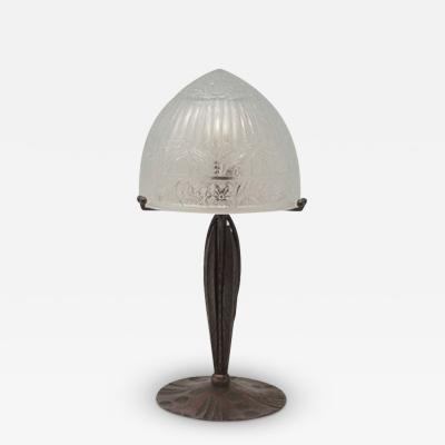 French Art Deco Forged Iron Table Lamp with Molded Glass Shade