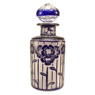 French Art Deco Frosted Glass Floral Perfume Bottle