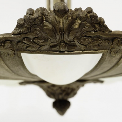 French Art Deco Frosted Glass and Bronze Pendant Chandelier 1920s