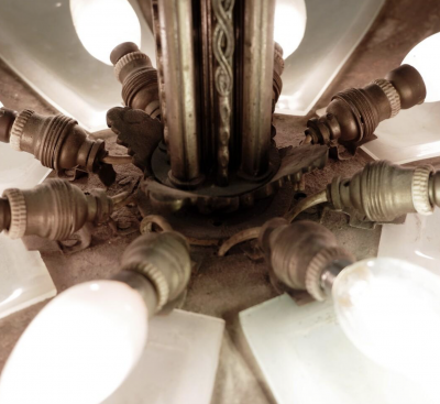 French Art Deco Frosted Glass and Bronze Pendant Chandelier 1920s