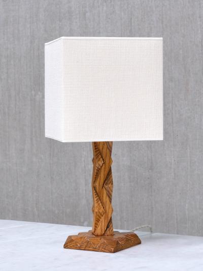 French Art Deco Geometric Oak Table Lamp with Linen Shade Late 1930s