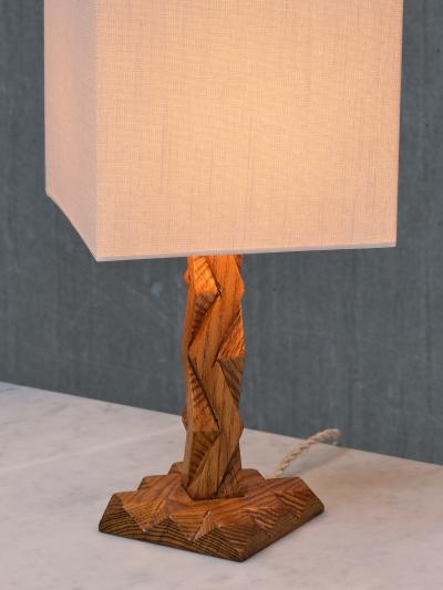 French Art Deco Geometric Oak Table Lamp with Linen Shade Late 1930s