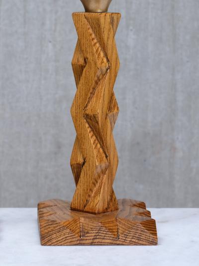 French Art Deco Geometric Oak Table Lamp with Linen Shade Late 1930s