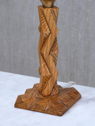 French Art Deco Geometric Oak Table Lamp with Linen Shade Late 1930s