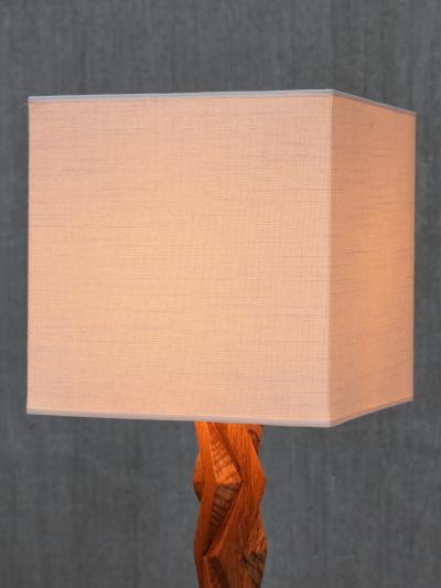 French Art Deco Geometric Oak Table Lamp with Linen Shade Late 1930s