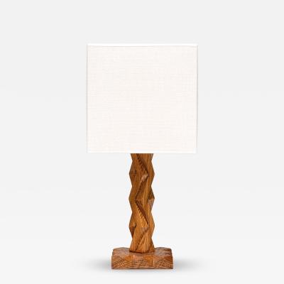 French Art Deco Geometric Oak Table Lamp with Linen Shade Late 1930s
