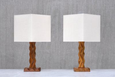 French Art Deco Geometric Oak Table Lamp with Linen Shade Late 1930s