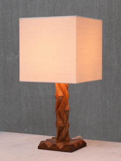 French Art Deco Geometric Oak Table Lamp with Linen Shade Late 1930s