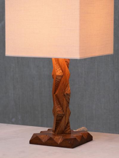 French Art Deco Geometric Oak Table Lamp with Linen Shade Late 1930s