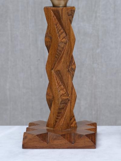 French Art Deco Geometric Oak Table Lamp with Linen Shade Late 1930s