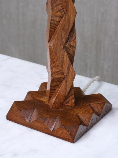 French Art Deco Geometric Oak Table Lamp with Linen Shade Late 1930s