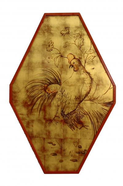 French Art Deco Gilt Rooster and Floral Wall Panel