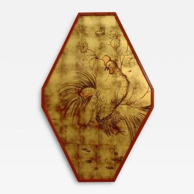 French Art Deco Gilt Rooster and Floral Wall Panel