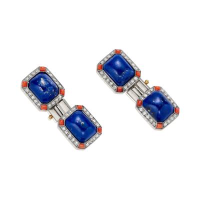 French Art Deco Lapis Coral and Diamond Cuff Links