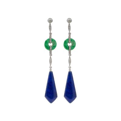 French Art Deco Lapis Jadeite and Diamond Pendant Earrings