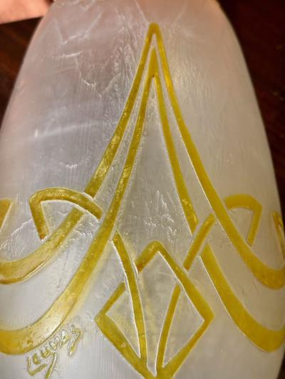 French Art Deco Legras Cameo Glass Vase in Opaline with Amber Overlay